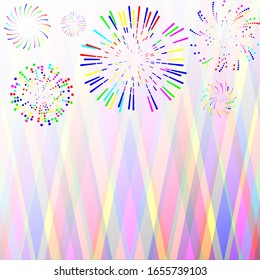 Los fuegos artificiales multicolores de diferentes formas y estilos, en un fondo claro, crean un ambiente festivo
