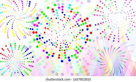 Multi-colored fireworks of different shapes and different styles, on a light background, create a festive mood