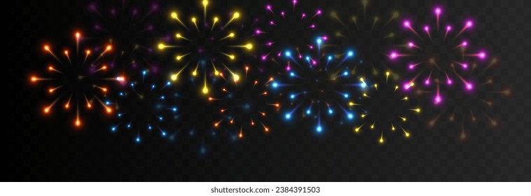 Multicolored fireworks explosions png. Fireworks of different shapes. Pyrotechnics, fireworks. Festive image.