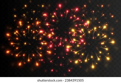 Multicolored fireworks explosions png. Fireworks of different shapes. Pyrotechnics, fireworks. Festive image.