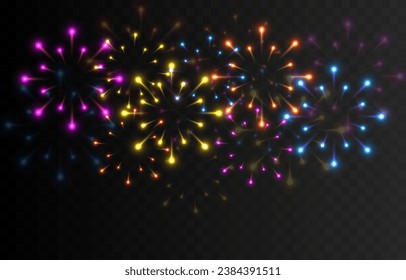 Multicolored fireworks explosions png. Fireworks of different shapes. Pyrotechnics, fireworks. Festive image.