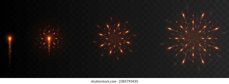 Multicolored fireworks explosions png. Fireworks of different shapes. Pyrotechnics, fireworks. Launching fireworks. Festive image.