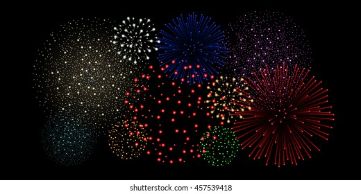Multicolored fireworks isolated on black background. Vector illustration