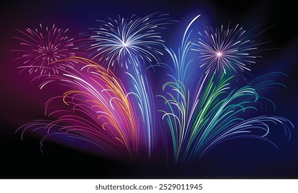 Multicolored fireworks lighting up the night sky. Perfect for celebrations, festivals, and special event designs.