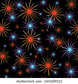 Multicolored fireworks on black background, seamless pattern, vector