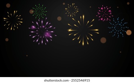 Fuegos artificiales multicolores sobre fondo negro. Para postales, Anuncios, carteles. Para el año Nuevo, carnaval, cumpleaños. Vector 10eps