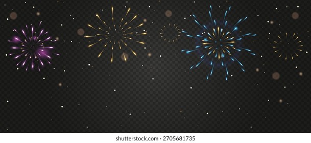 Mehrfarbiges Feuerwerk auf transparentem Hintergrund. Für Postkarten, Banner und Poster. Zu Silvester, Karneval, Geburtstag und Feiern. Vektor 10eps