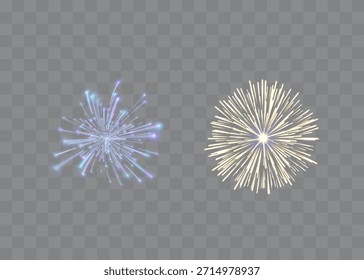 mehrfarbiges Feuerwerk auf transparentem Hintergrund. Festliches Feiertagsfeuerwerk, Himmelsfeier, Vektorgrafik