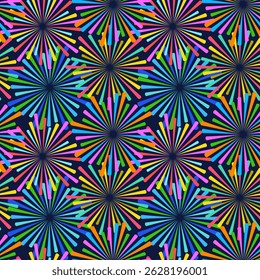 Fogos de artifício multicoloridos padrão vetor sem costura, fundo para festa de celebração e evento festivo, impressão têxtil, papel de parede, decoração, papel de embrulho.