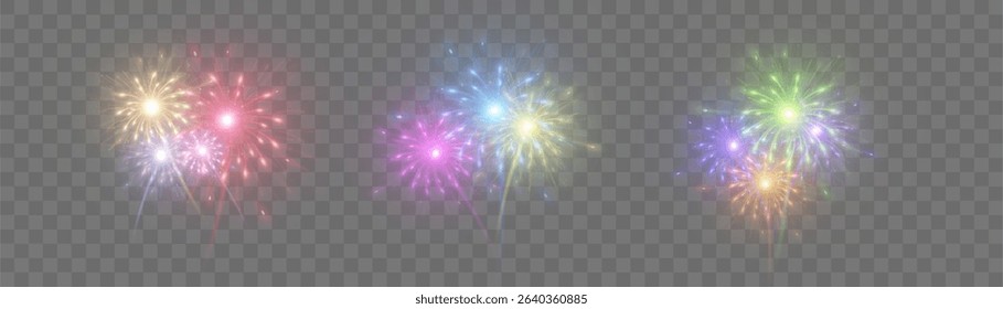 Multicolored fireworks with shimmer and haze on a transparent background. Suitable for New Year and holiday designs, cards and animations.
