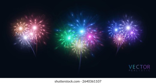 Multicolored fireworks with shimmer and haze on a dark background. Suitable for New Year and holiday designs, cards and animation.