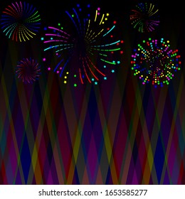 Multi-colored fireworks of various shapes and different styles on an abstract dark background create a festive mood