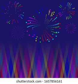Multi-colored fireworks of various shapes and different styles soaring into the night sky create a festive mood