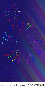 Multi-colored fireworks of various shapes and different styles soaring into the night sky create a festive mood