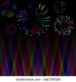 Multi-colored fireworks of various shapes and different styles on an abstract dark background create a festive mood