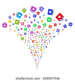 Multicolored First Aid Kit fireworks fountain. Object fountain created from random first aid kit symbols as fireworks. Vector illustration style is flat iconic symbols with psychedelic colors.