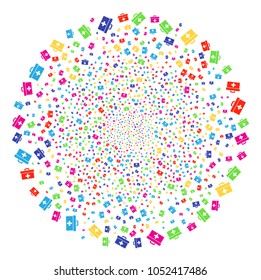 Multicolored First Aid Toolbox decoration sphere. Vector cluster burst designed with scatter first aid toolbox symbols. Psychedelic Vector abstraction.