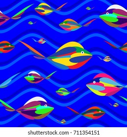 Multi-colored fish in the deep waters of the waves. Seamless vector pattern.