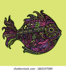 Peces multicolores en la ilustración vectorial de estilo doodle sobre fondo aislado verde