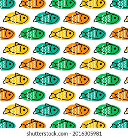 Multi-colored fish in multi-colored ovals on a white background. Pattern. Flat vector illustration on the marine theme.
