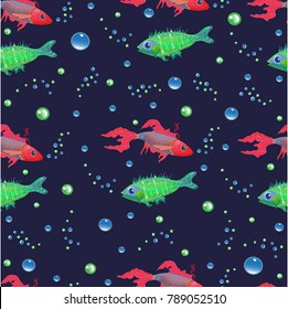 Multicolored fish pattern and bubbles on a black background