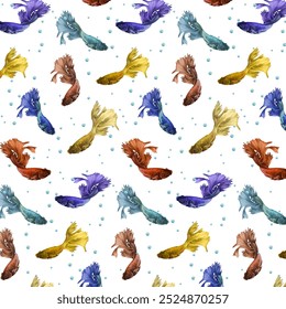 Multicolored fish in a pattern.Vector seamless pattern with colorful beautiful fish on a transparent background with bubbles.