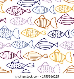 Multi-colored fish seamless pattern. Absrtact Fish icon backgroung. Sketch of fish vector isolated on white background. Varieties cartoon fishes for children's wallpaper, fabrics, scrapbooking.