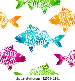 Multicolored fishes seamless pattern. Vector