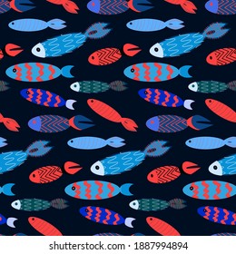 multicolored fishes seamless vector pattern, deep sea animal flat style print