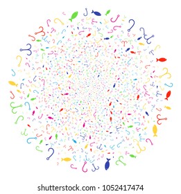 Multicolored Fishing Hook sparkler spheric cluster. Vector globula bang created from scatter fishing hook objects. Psychedelic Vector abstraction.
