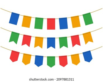 Multicolored flags for decoration on white background. Bunting flags on the rope