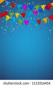Multicolored flags and flying confetti on blue background - copy space for your text. Vector illustration.