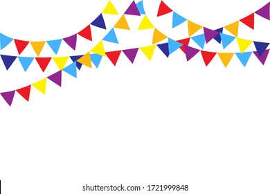 Multi-colored flags on the ropes on a white background. Unique decoration of triangular flags. Vector illustration. Stock Photo.