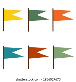 Multicolored flags vector set. Bright pennants isolated on white background. Simple flat style, design elements