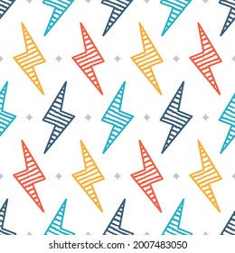 Multicolored Flash. Lightning Bolts Seamless Pattern. Colorful Background with Doodle Lightning Signs, Thunderbolts, Energy Thunder bolt. Rainbow colors. Vector illustration