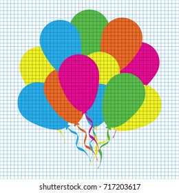 Multicolored flat balloons isolated on a blue squared grid paper background