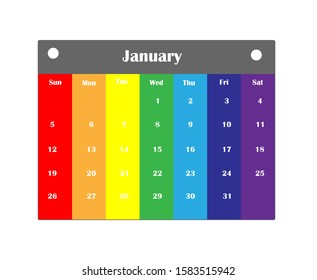 Multicolored, flat calendar Icon on white background. Calendar on the wall. Vector illustration. January 2020. Rainbow
