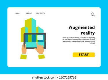 Multicolored flat icon of human hands holding tablet showing augmented reality