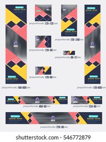 Multicolored Flat Style Website Banner, Different Frames Dark Background and Web Layout Ad Vector Cover Illustration. Image Add Business Advertisement Design with Geometric Elements Banners Set