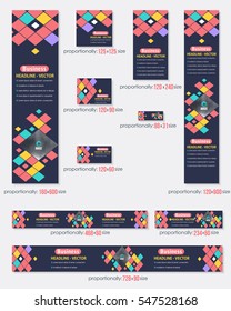 Multicolored Flat Style Website Banner, Different Frames Dark Background and Web Layout Ad Vector Cover Illustration. Image Add Business Advertisement Design with Geometric Elements Banners Set