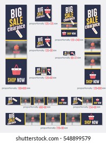 Multicolored Flat Style Website Banner, Different Frames Dark Background and Web Layout Ad Vector Cover Illustration. Image Add Business Advertisement Design with Geometric Elements Banners Set
