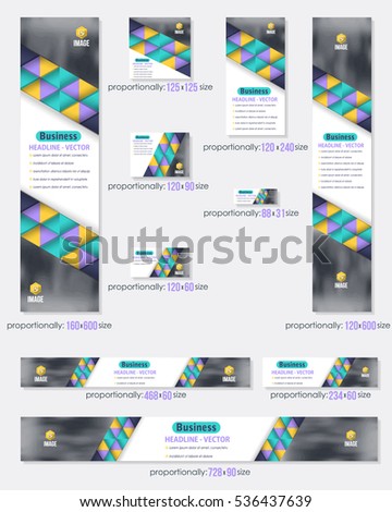 Multicolored Flat Style Website Banner, Different Frames Background and Web Layout Ad Vector Cover Illustration. Image Add Business Advertisement Design Collection with Geometric Elements Banners Set