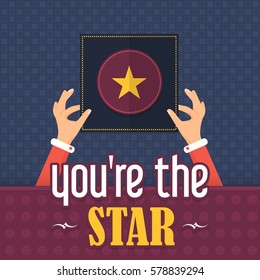 Multicolored and Flat Style You're the Star Message, Hands Hold Star Icon Illustration