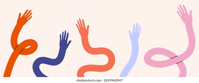 Flexible, mehrfarbige menschliche Hände. Menschliche Hände. Verschiedene Gruppen von Menschen. Hilfe zur Förderung der Gleichberechtigung. Comic-Hände.