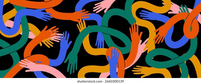 Manos humanas flexibles multicolores. Manos humanas. Grupo diverso de personas. Personas de ayuda a la equidad. Manos cómicas.	