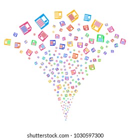 Multicolored Floppy Disk stream fountain. Object fountain combined from random floppy disk design elements as fireworks. Vector illustration style is flat iconic symbols with psychedelic colors.