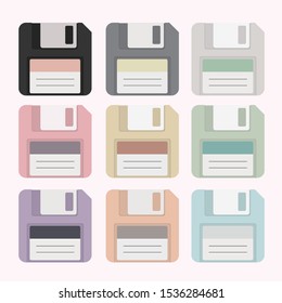 Multi-colored Floppy disks. Old storage devices.