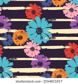 multi-colored  floral daisy flowers seamless pattern Grunge checkered pattern, scratches and attrition texture background. Trendy chamomile floral print