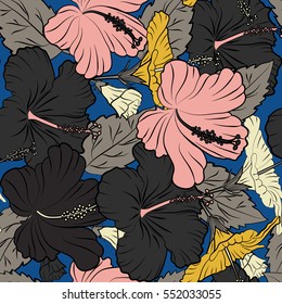 Multicolored floral with hibiscus flowers, watercolor hand drawing style on blue background. Design for invitation, wedding or greeting cards. Vector hibiscus pattern.