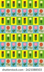 Multicolored floral pattern arranged in alternating  squares